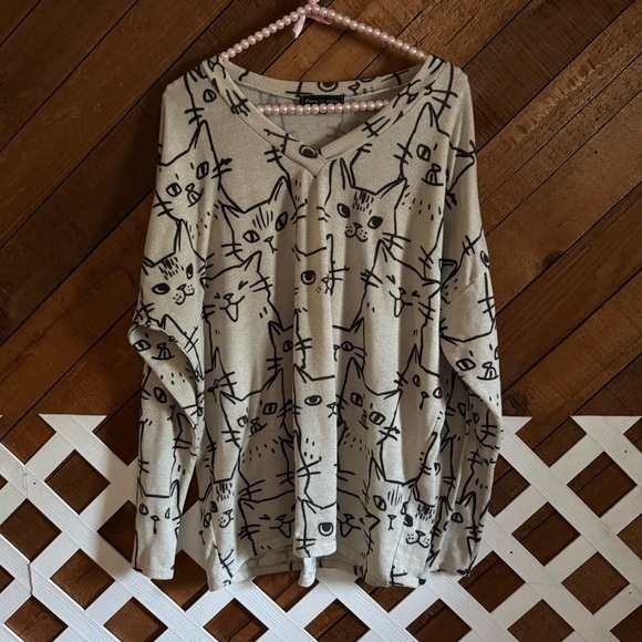 Flora Ashley Italy Shimmery All Over Cat Print Long Sleeve Top Size Xl